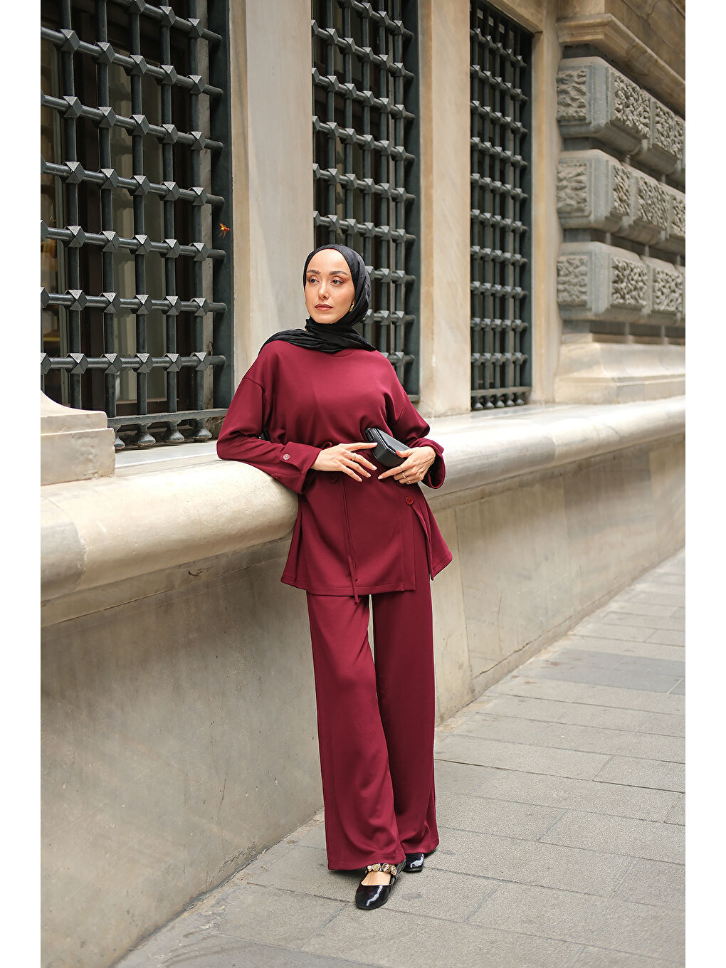 Kadın Yan Düğme Detay Takım Bordo-1