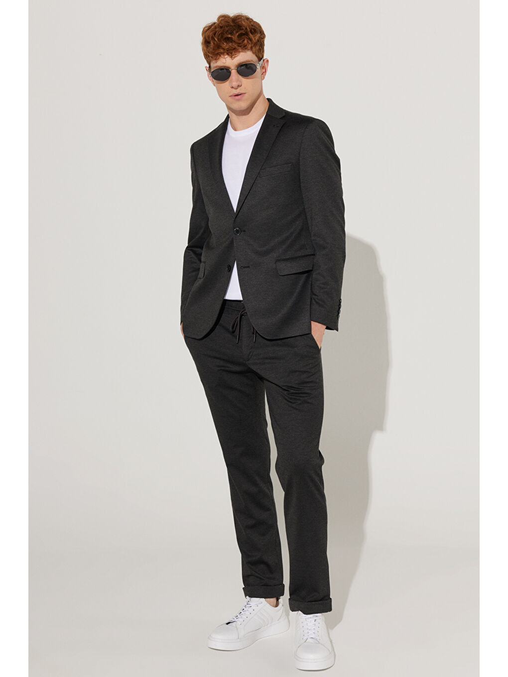 Erkek Antrasit Slim Fit Dar Kesim Mono Yaka Örme Takım Elbise