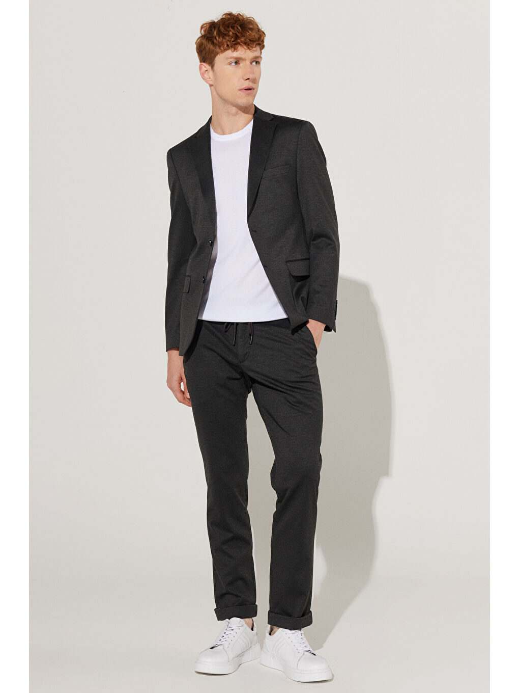 Erkek Antrasit Slim Fit Dar Kesim Mono Yaka Örme Takım Elbise-1