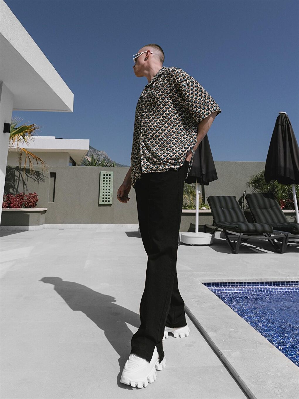 Erkek Desenli Küba Yaka Oversize Gömlek Bej