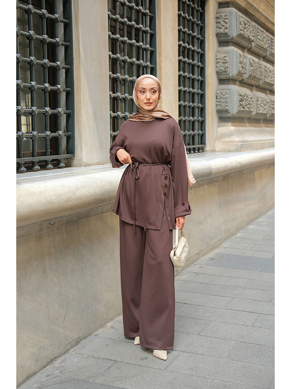 Kadın Yan Düğme Detay Takım Kahverengi-3
