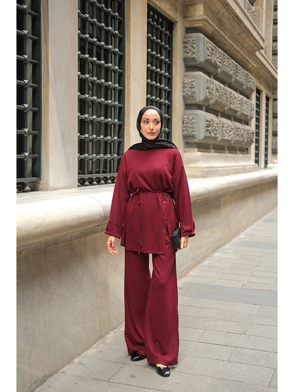 Kadın Yan Düğme Detay Takım Bordo-2