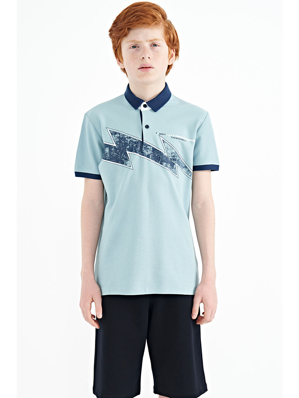 Açık Mavi Baskı Detaylı Standart Kalıp Polo Yaka Erkek Çocuk Tişört - 11154