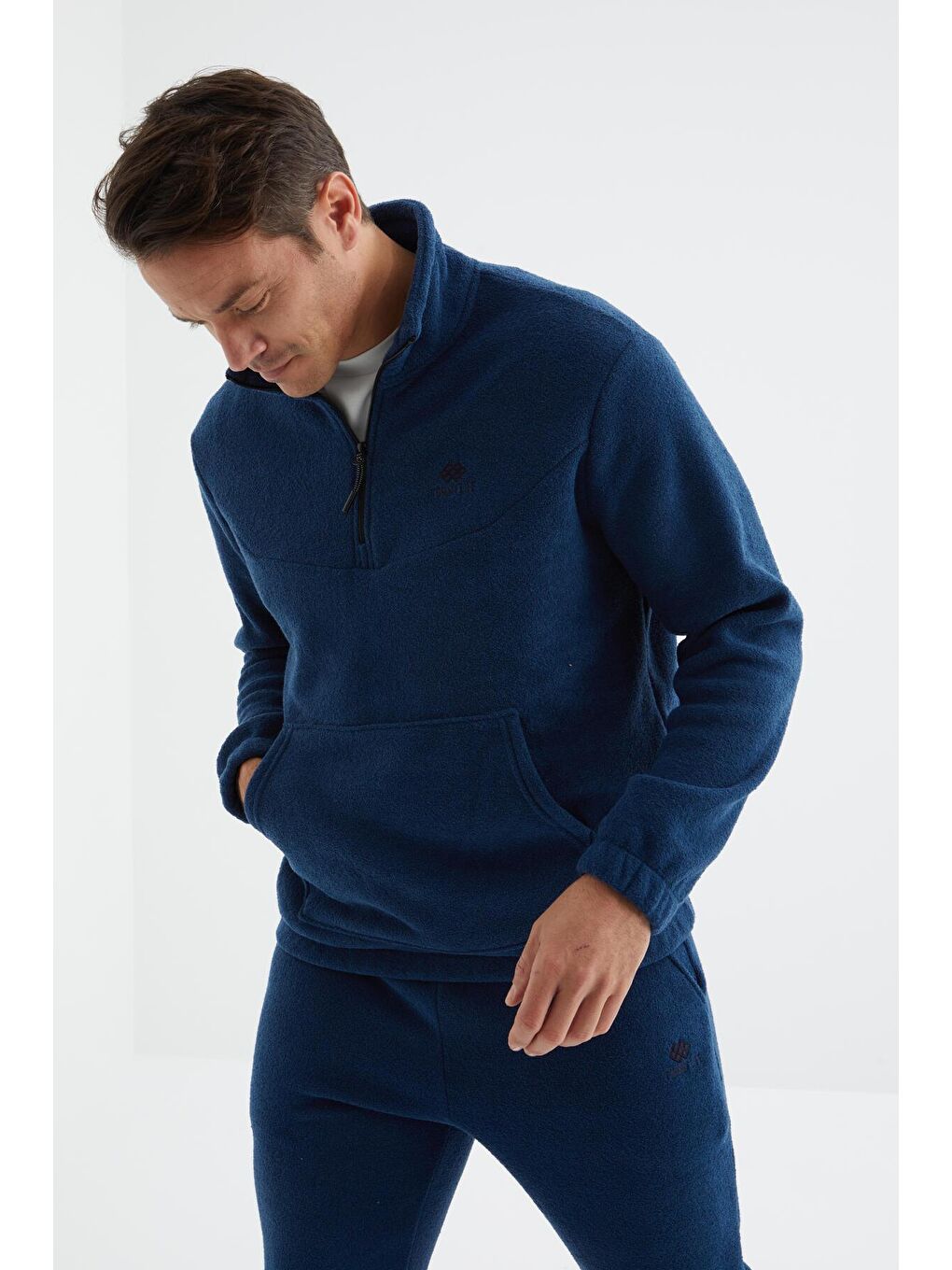 İndigo Yarım Fermuar Dik Yaka Kanguru Cepli Havlu Polar Erkek Eşofman Takım - 85195-2