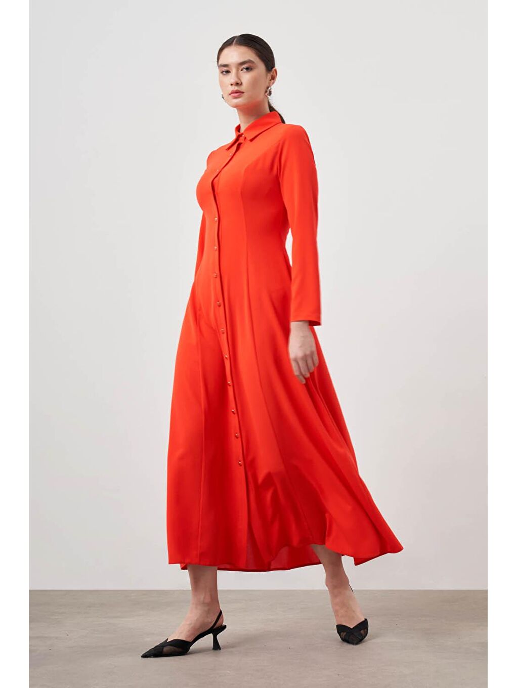 Kırmızı Pensli Nar Çiçeği Gömlek Elbise-1