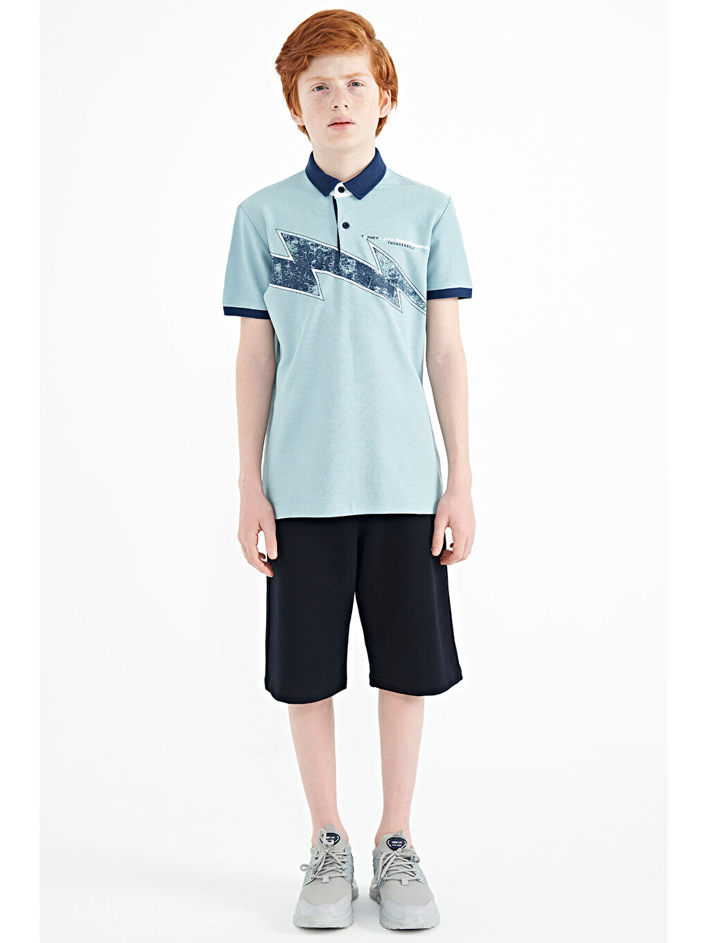 Açık Mavi Baskı Detaylı Standart Kalıp Polo Yaka Erkek Çocuk Tişört - 11154-1