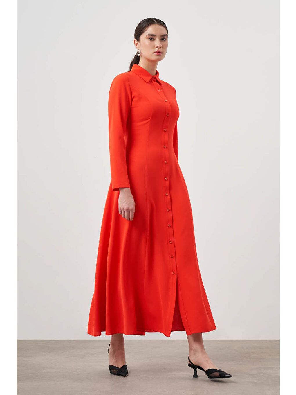 Kırmızı Pensli Nar Çiçeği Gömlek Elbise-2