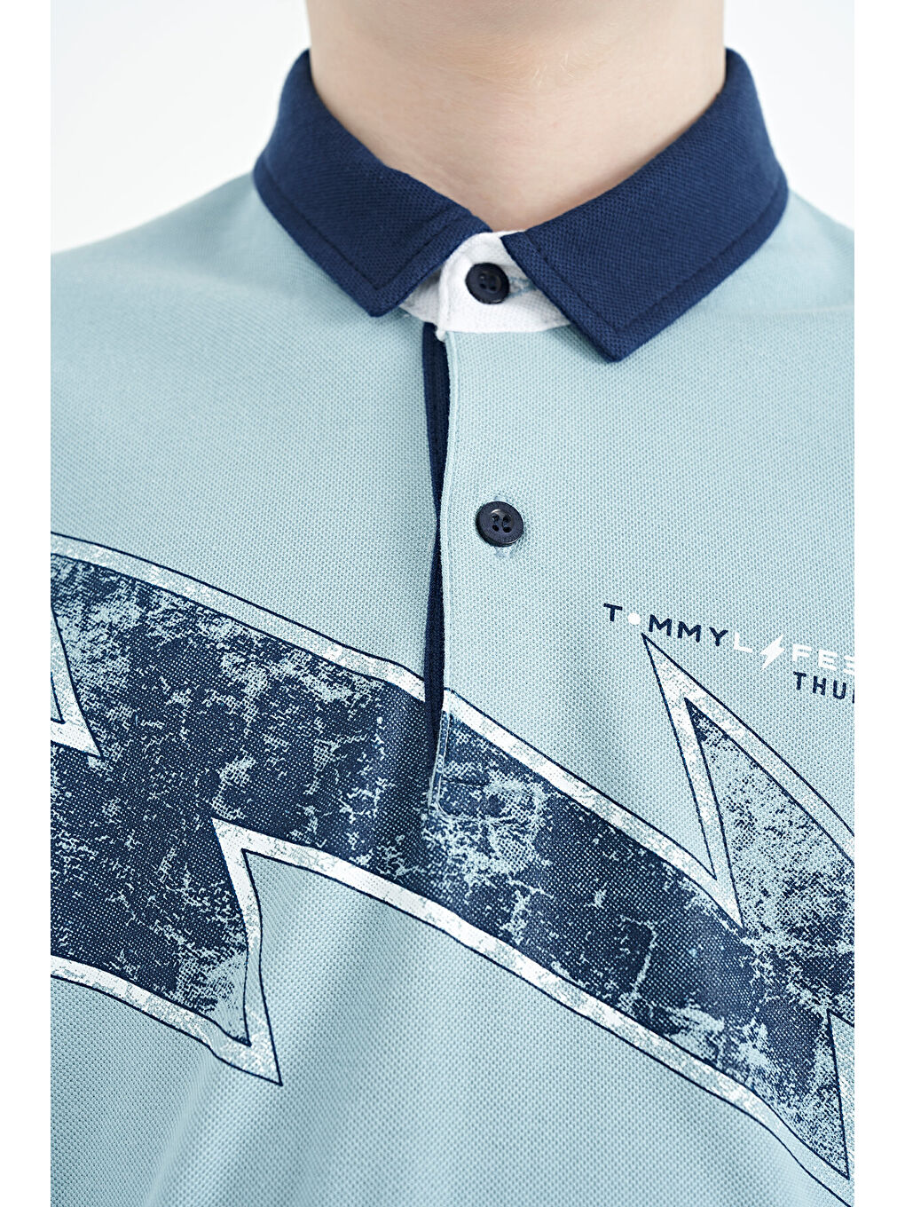 Açık Mavi Baskı Detaylı Standart Kalıp Polo Yaka Erkek Çocuk Tişört - 11154-2