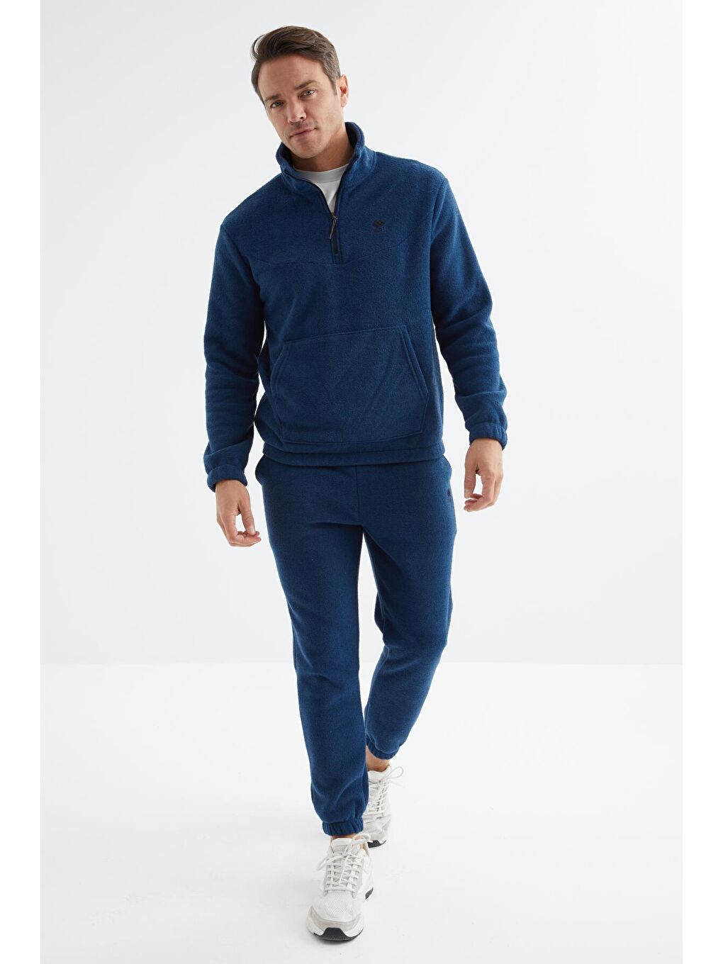 İndigo Yarım Fermuar Dik Yaka Kanguru Cepli Havlu Polar Erkek Eşofman Takım - 85195-3
