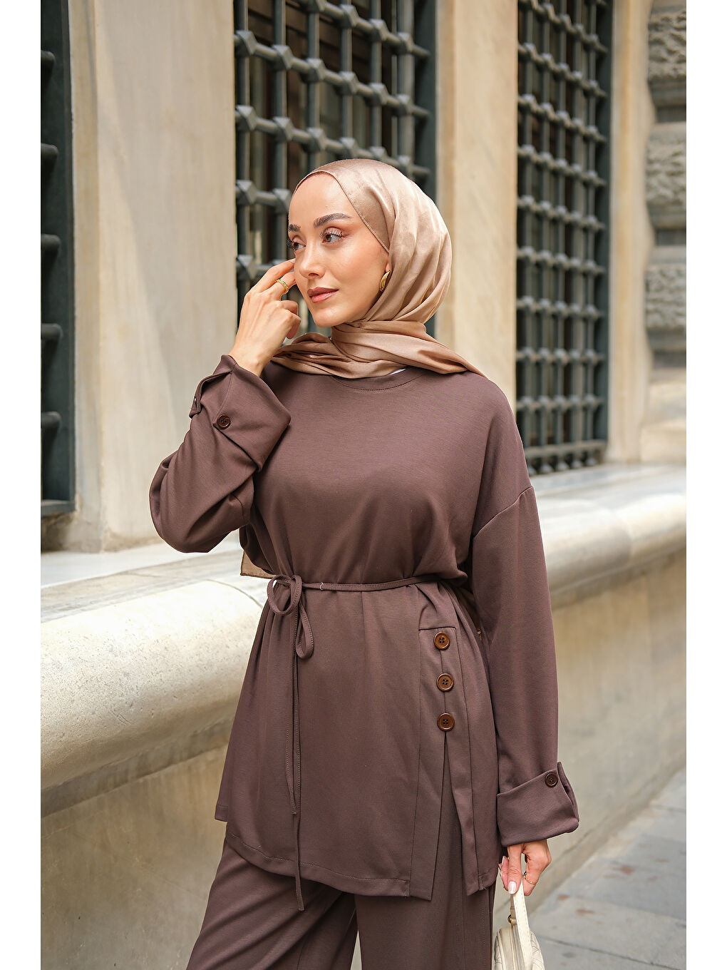 Kadın Yan Düğme Detay Takım Kahverengi-4
