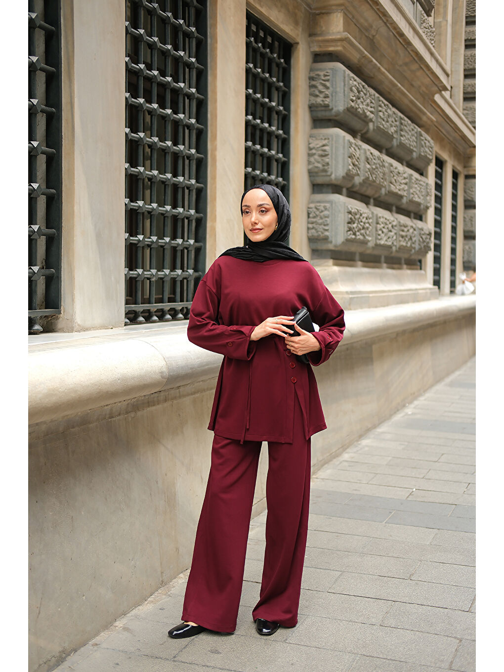 Kadın Yan Düğme Detay Takım Bordo-3