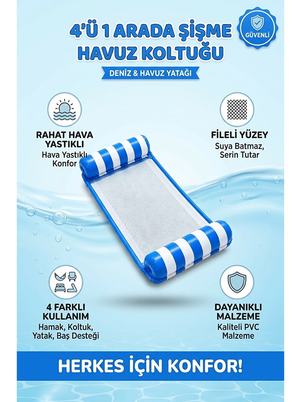 Şişme Havuz Koltuğu Hava Yastıklı Fileli 4'ü 1 Arada Deniz Ve Havuz Yatağı Şezlong Mavi