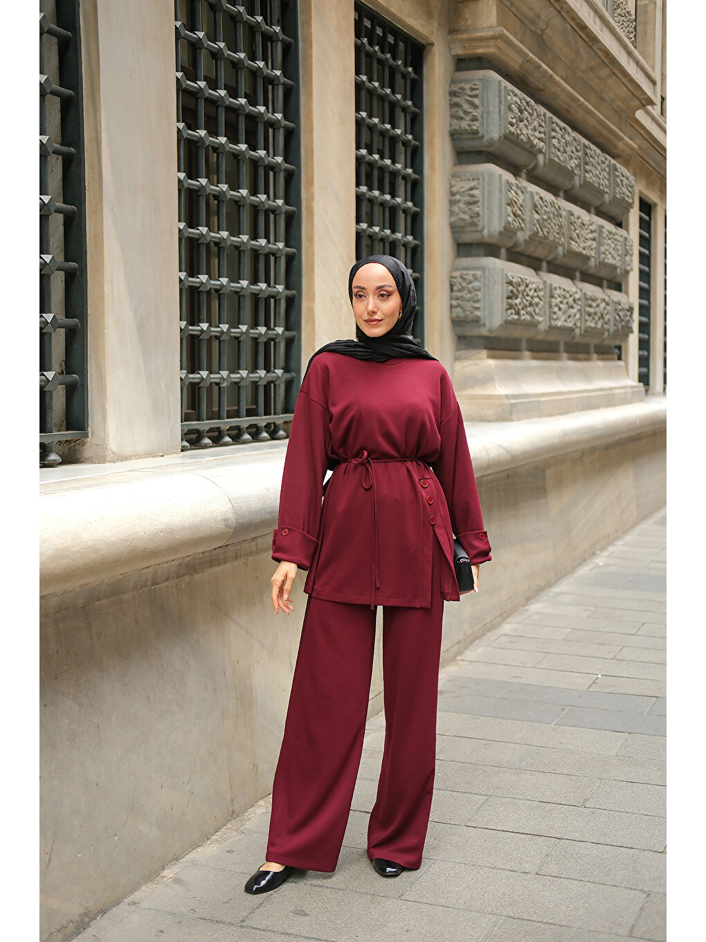 Kadın Yan Düğme Detay Takım Bordo-4