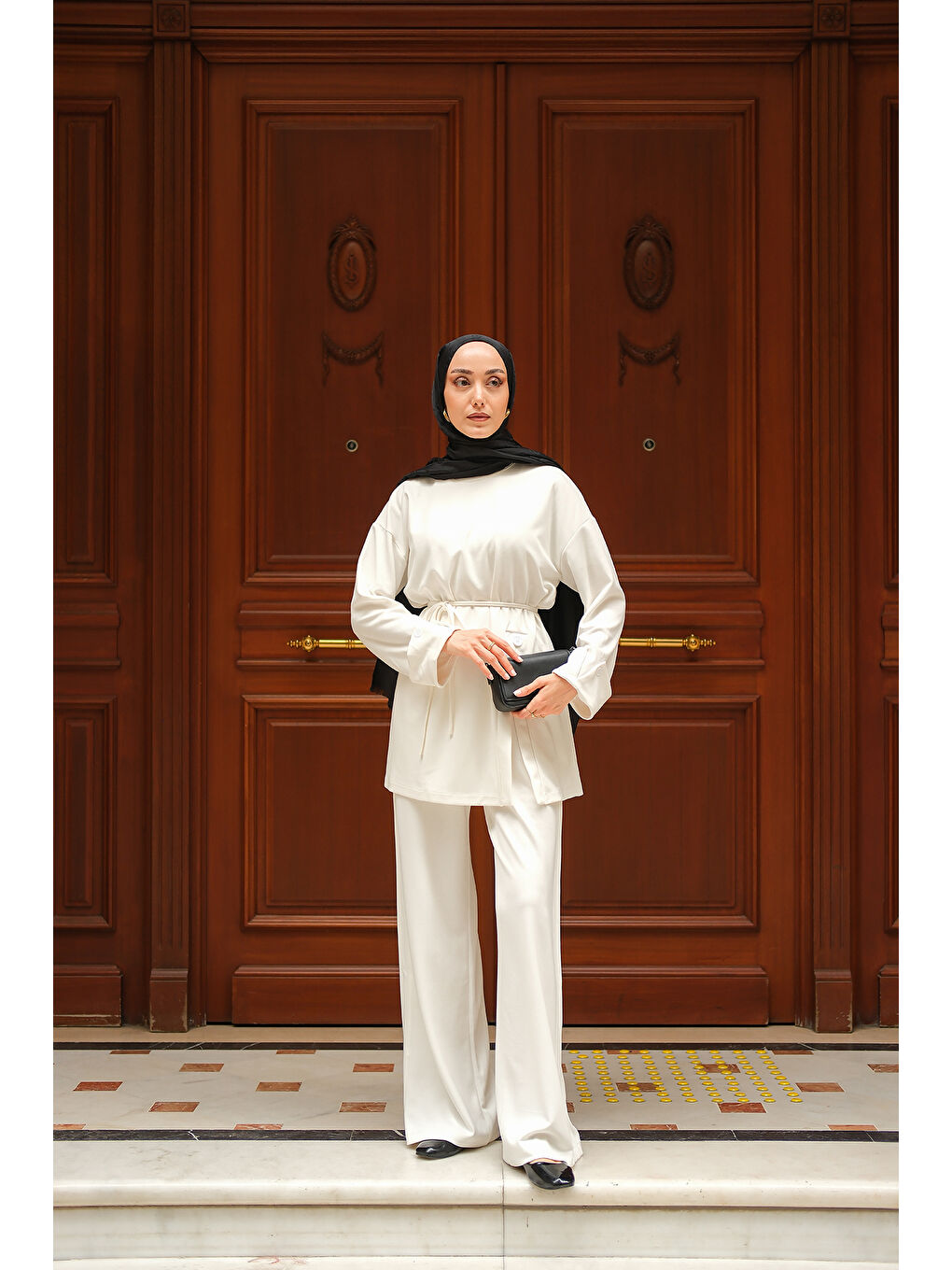 Kadın Yan Düğme Detay Takım Ekru