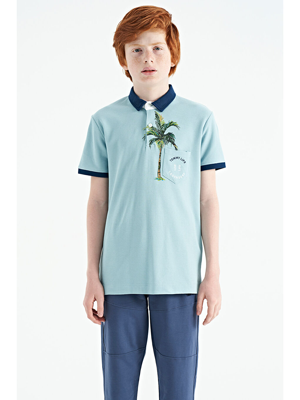 Açık Mavi Baskılı Cep Detaylı Standart Kalıp Polo Yaka Erkek Çocuk Tişört - 11144
