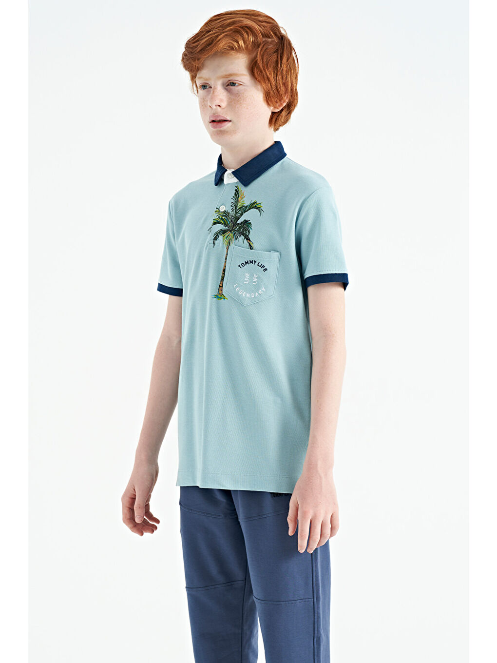 Açık Mavi Baskılı Cep Detaylı Standart Kalıp Polo Yaka Erkek Çocuk Tişört - 11144-1