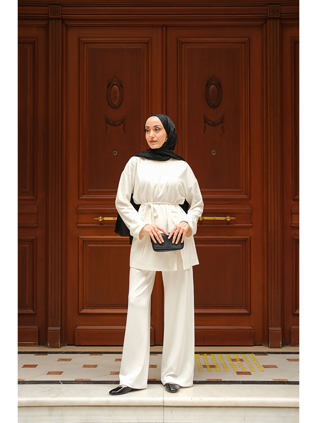 Kadın Yan Düğme Detay Takım Ekru-1