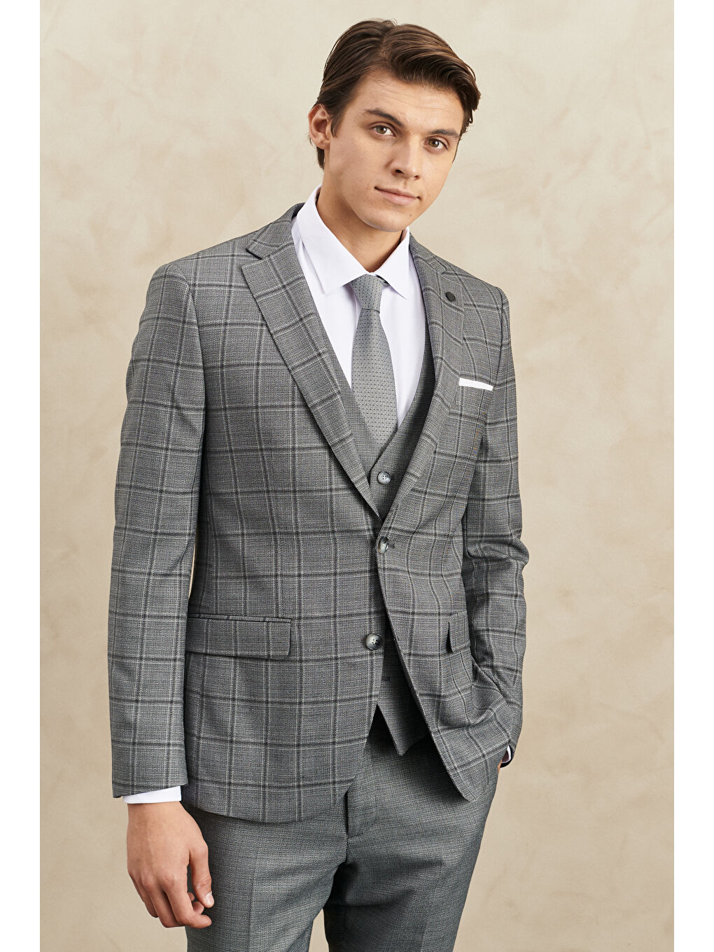 Erkek Gri Slim Fit Dar Kesim Mono Yaka Kareli Yelekli Klasik Takım Elbise