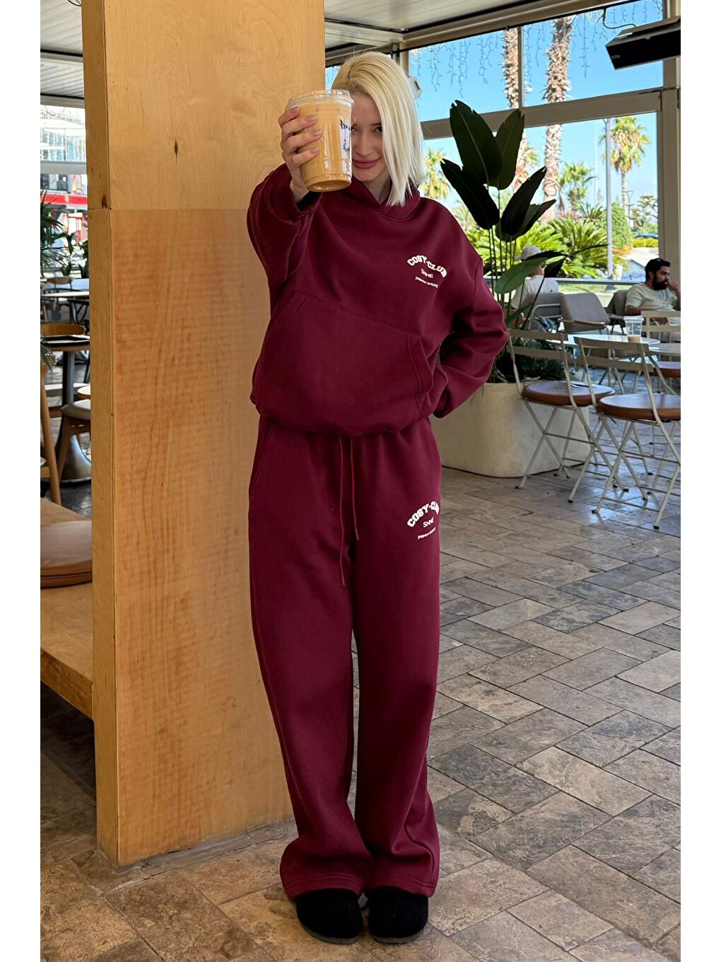 Bordo Kapüşonlu Baskılı Kadın Eşofman Takımı Mg2524-1