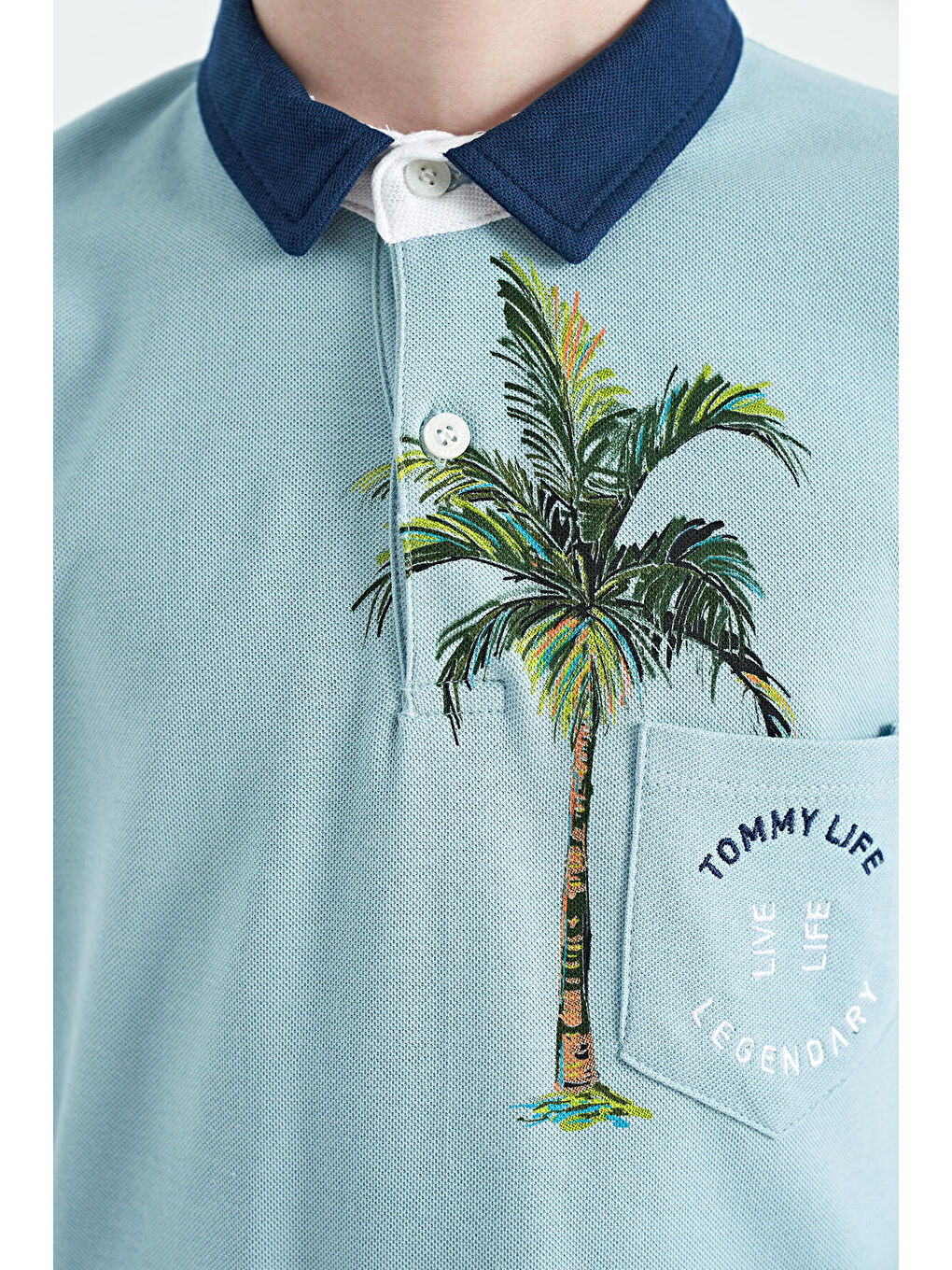 Açık Mavi Baskılı Cep Detaylı Standart Kalıp Polo Yaka Erkek Çocuk Tişört - 11144-2