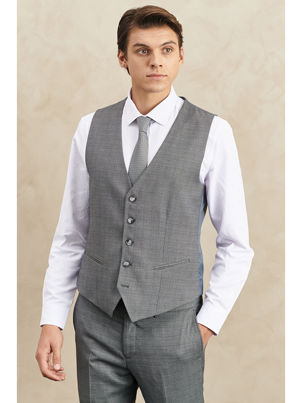 Erkek Gri Slim Fit Dar Kesim Mono Yaka Kareli Yelekli Klasik Takım Elbise-2