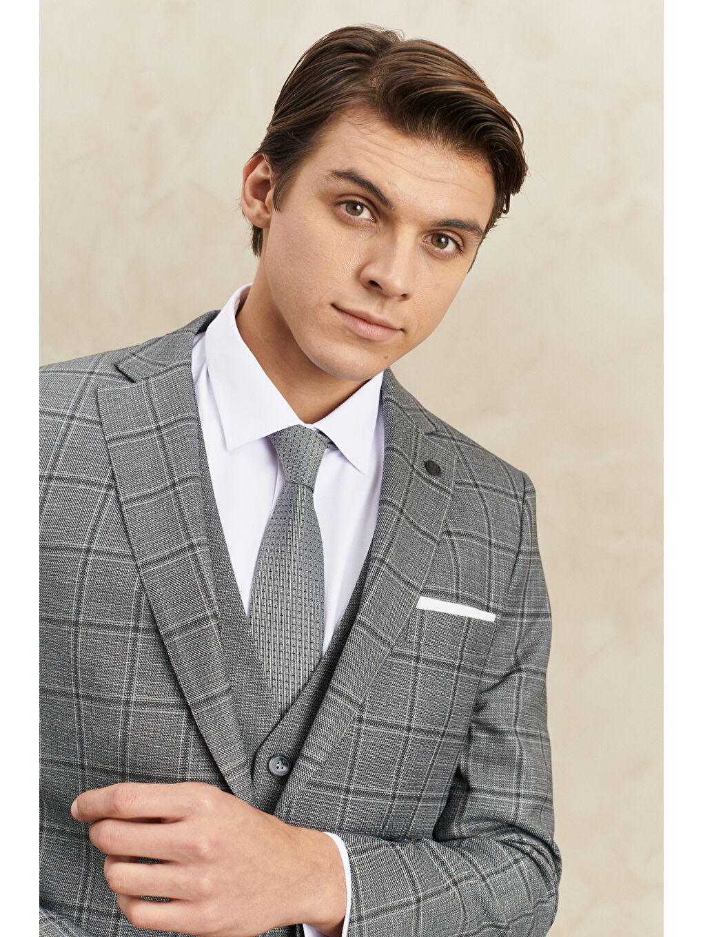 Erkek Gri Slim Fit Dar Kesim Mono Yaka Kareli Yelekli Klasik Takım Elbise-3