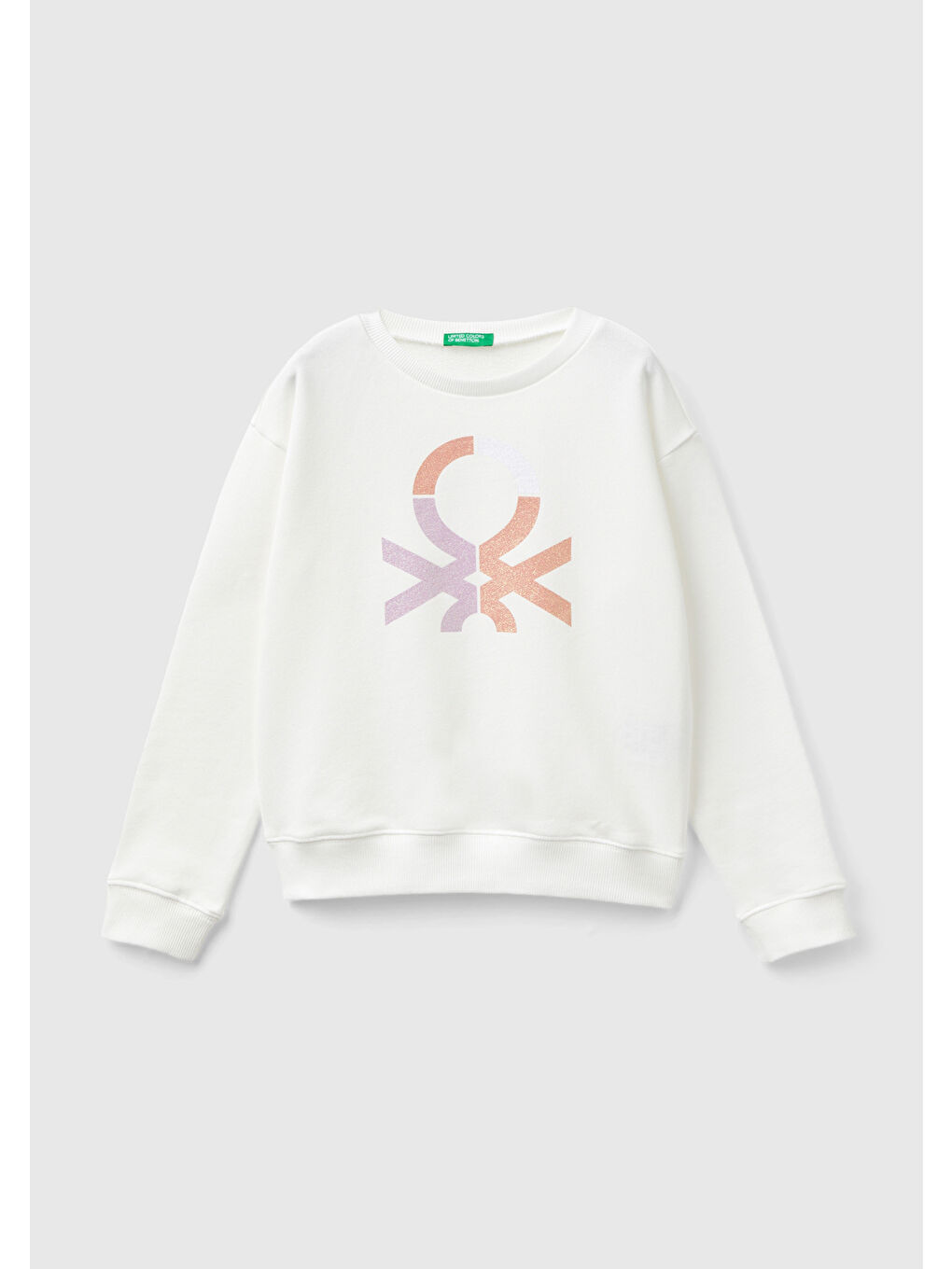 United Colors Of Benetton Kız Çocuk Beyaz Önü Parıltılı Logo Baskılı Bisiklet Yaka Sweatshirt