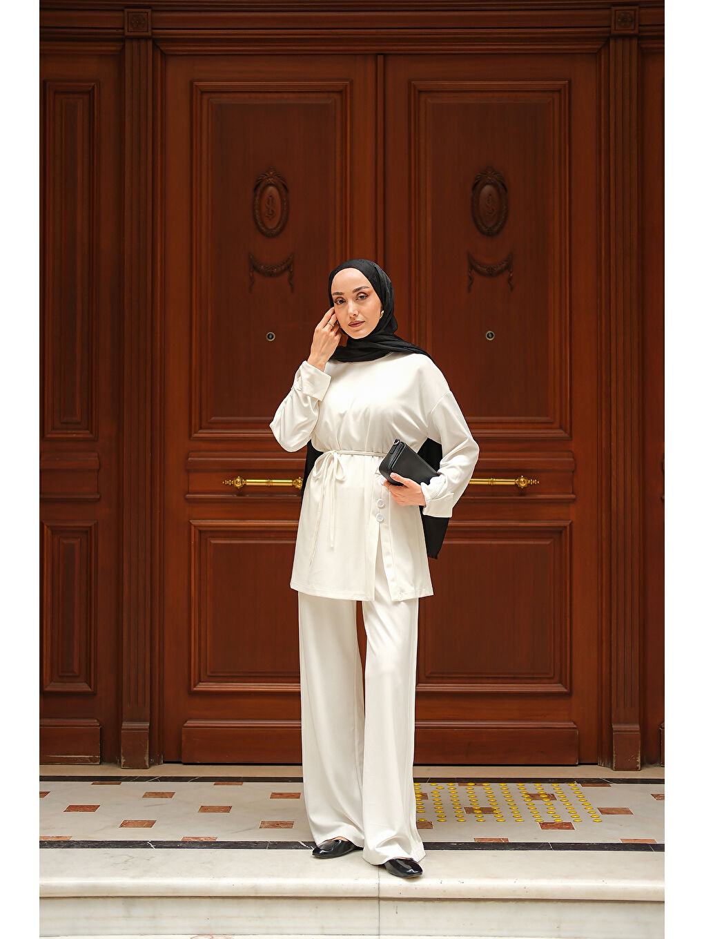 Kadın Yan Düğme Detay Takım Ekru-2