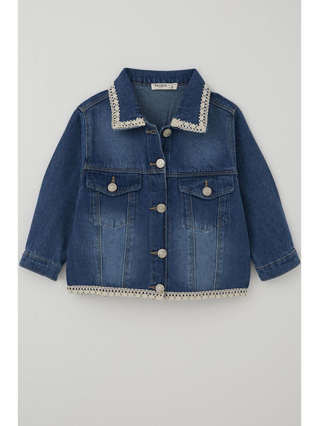 Kız Çocuk Jean Ceket Yaka & Alt Kısmı Güpür Cep Kapak Detaylı Mavi (3-7 Yaş)