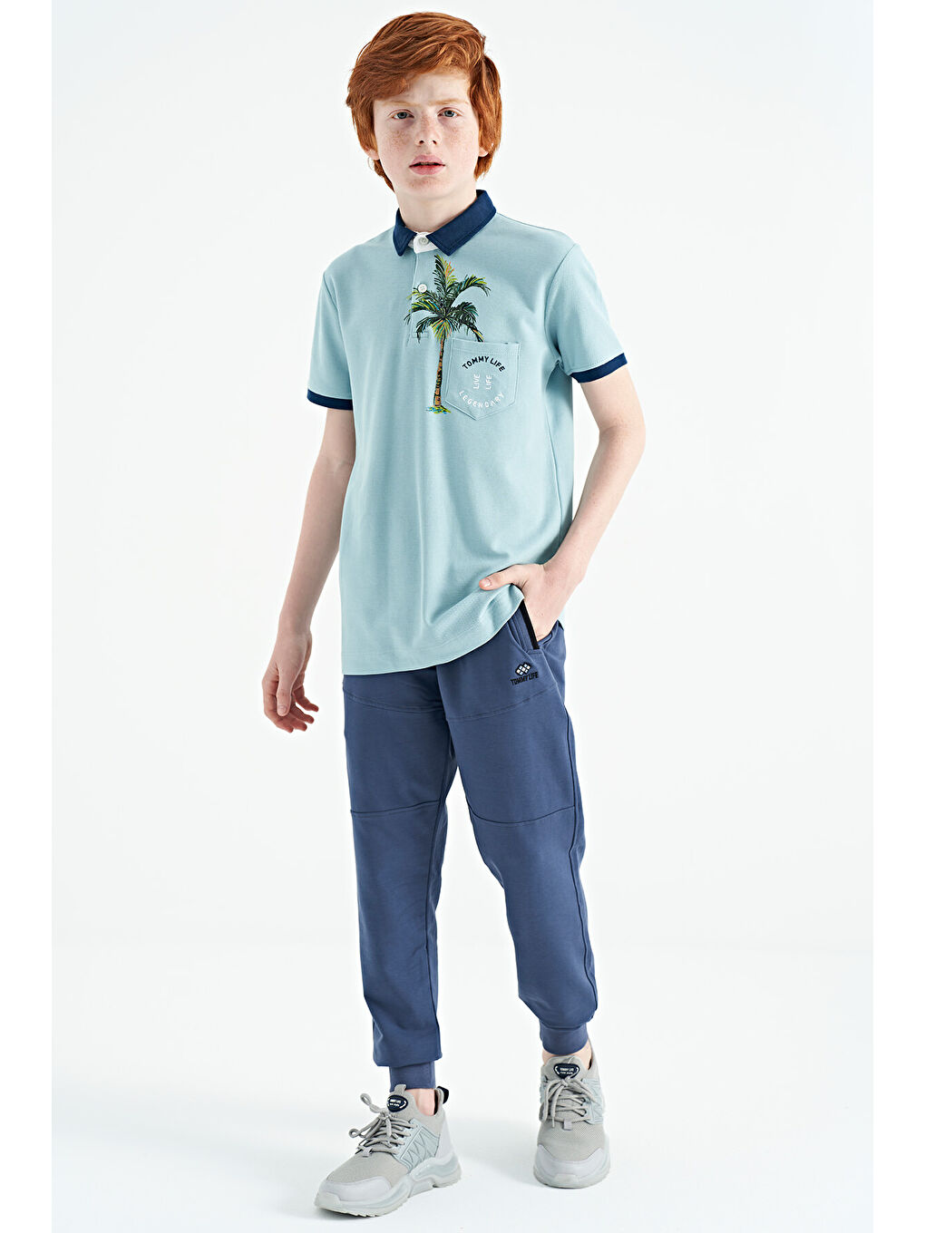 Açık Mavi Baskılı Cep Detaylı Standart Kalıp Polo Yaka Erkek Çocuk Tişört - 11144-4
