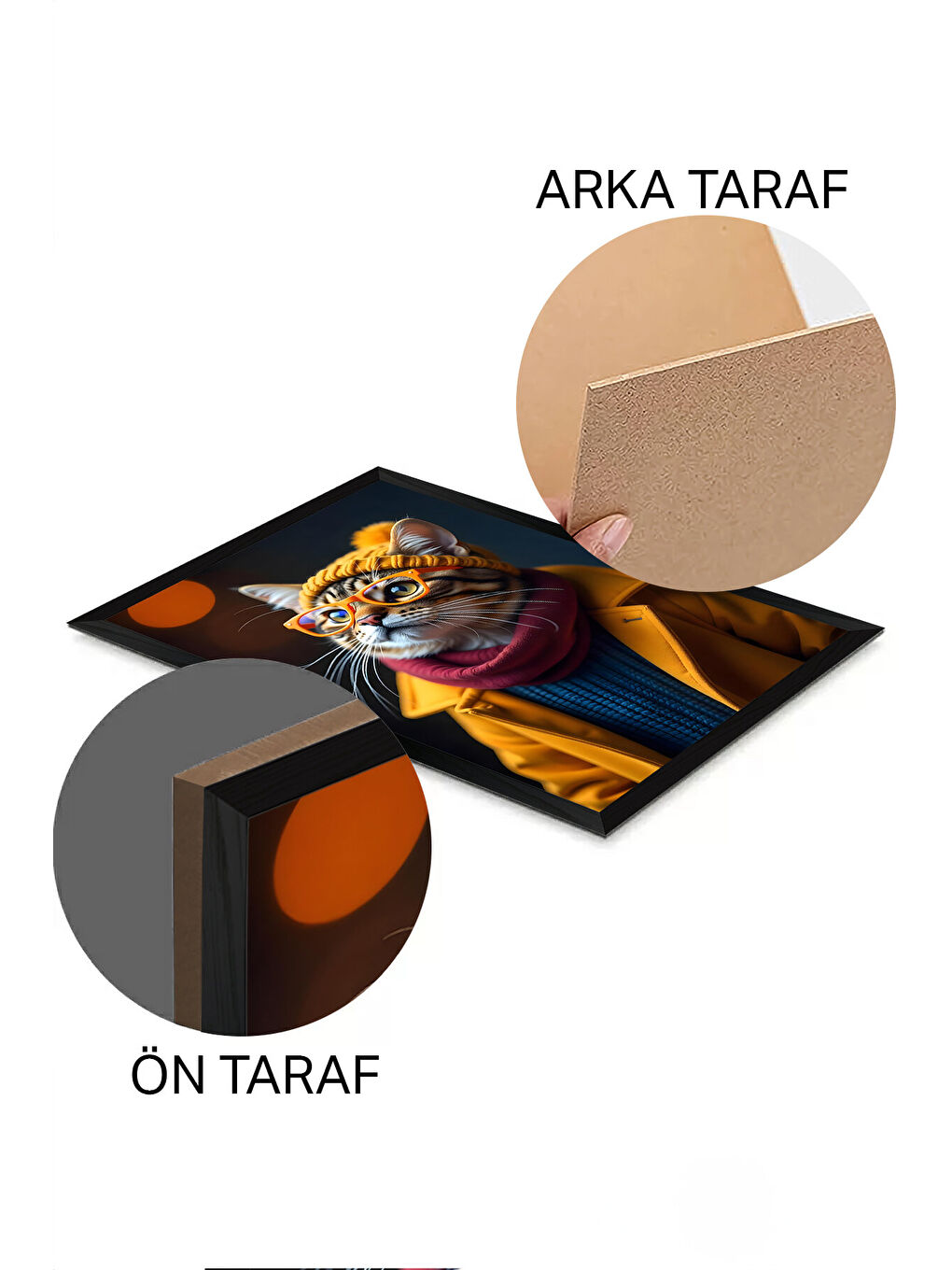 Beyaz Tek Parça Siyah Çerçeve Görünümlü Kedi Baskılı MDF 20x30 cm Tablo - Model 24-1