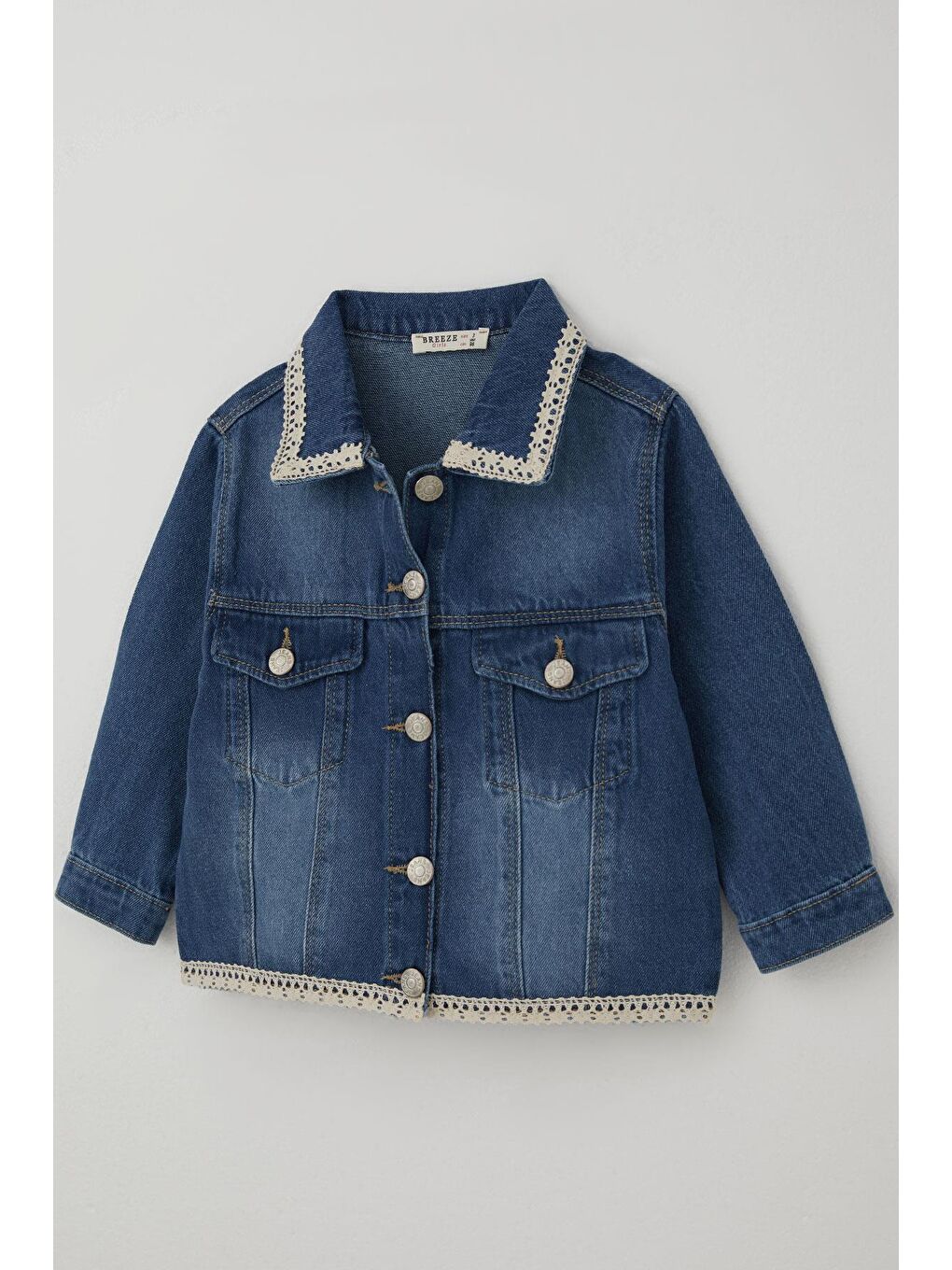 Kız Çocuk Jean Ceket Yaka & Alt Kısmı Güpür Cep Kapak Detaylı Mavi (3-7 Yaş)-2