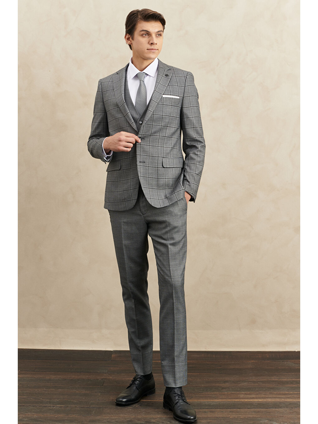 Erkek Gri Slim Fit Dar Kesim Mono Yaka Kareli Yelekli Klasik Takım Elbise-6