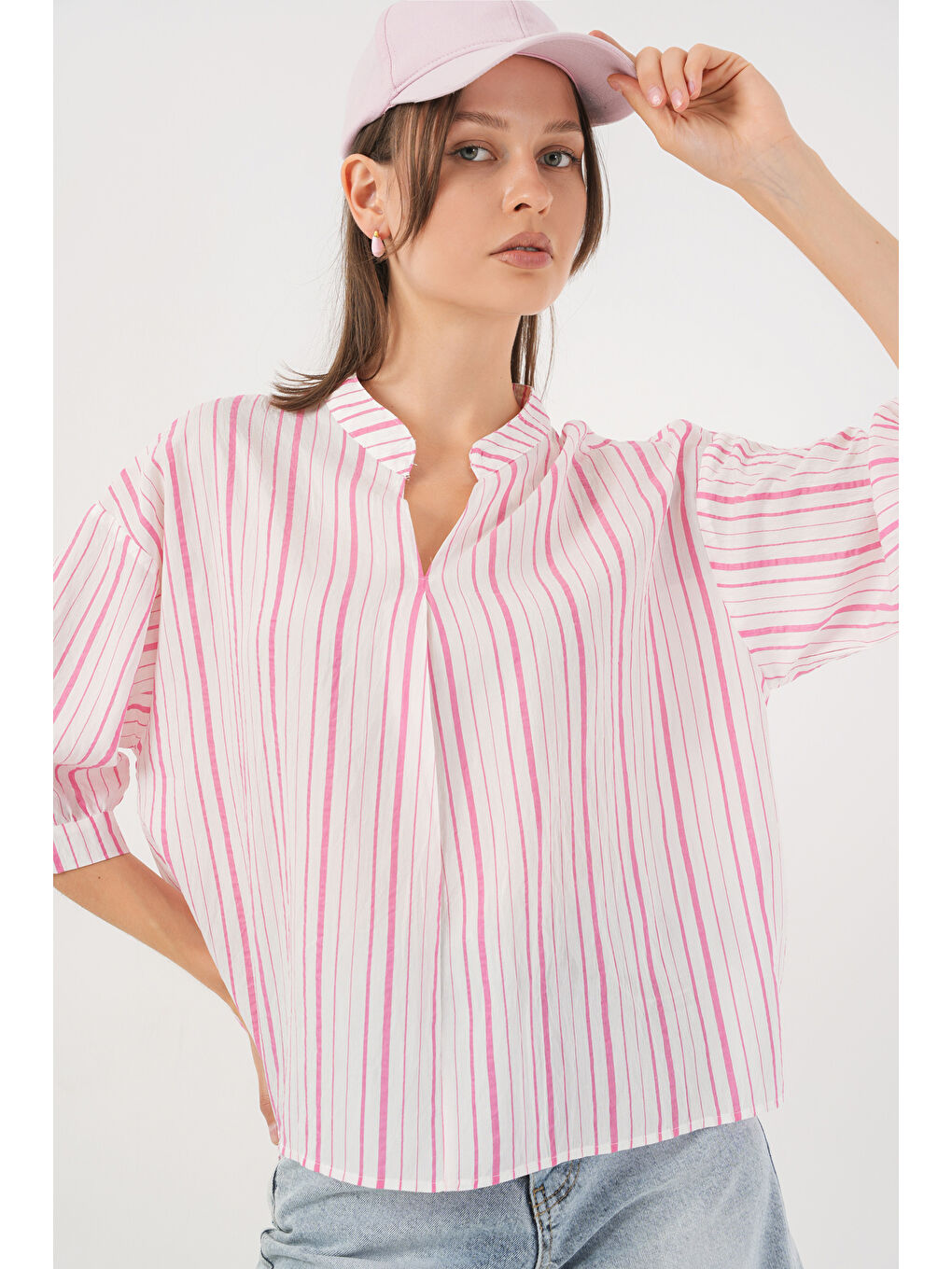 Pembe Kadın Çizgili Oversize Bluz 967 - Pudra