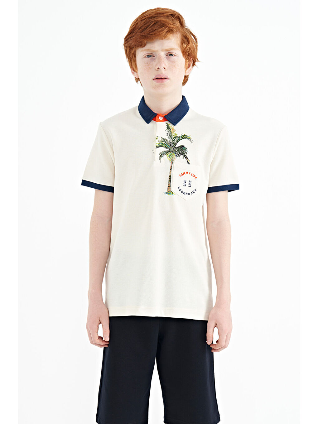 Ekru Baskılı Cep Detaylı Standart Kalıp Polo Yaka Erkek Çocuk Tişört - 11144