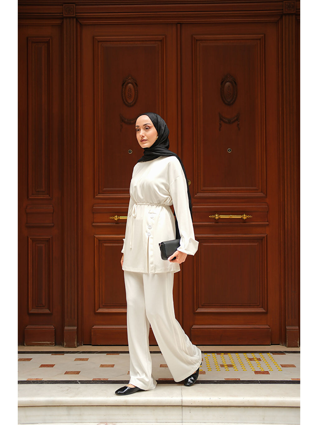 Kadın Yan Düğme Detay Takım Ekru-3