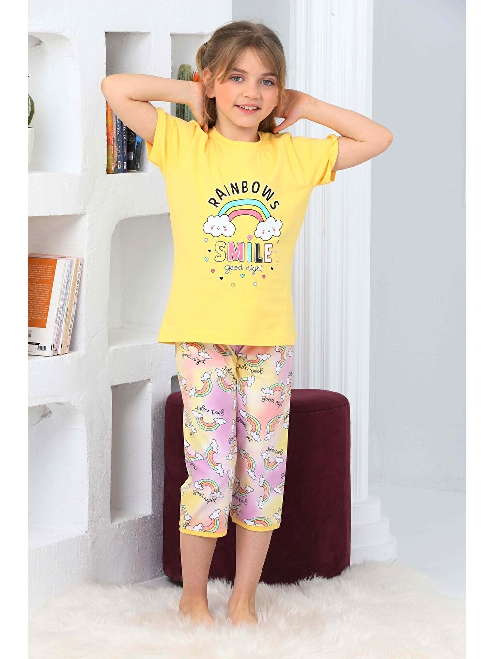 Kapi Kids Sarı Kız Çocuk Kaprili-Gökkuşağı Baskılı Pijama Takımı Mnx 6100-01