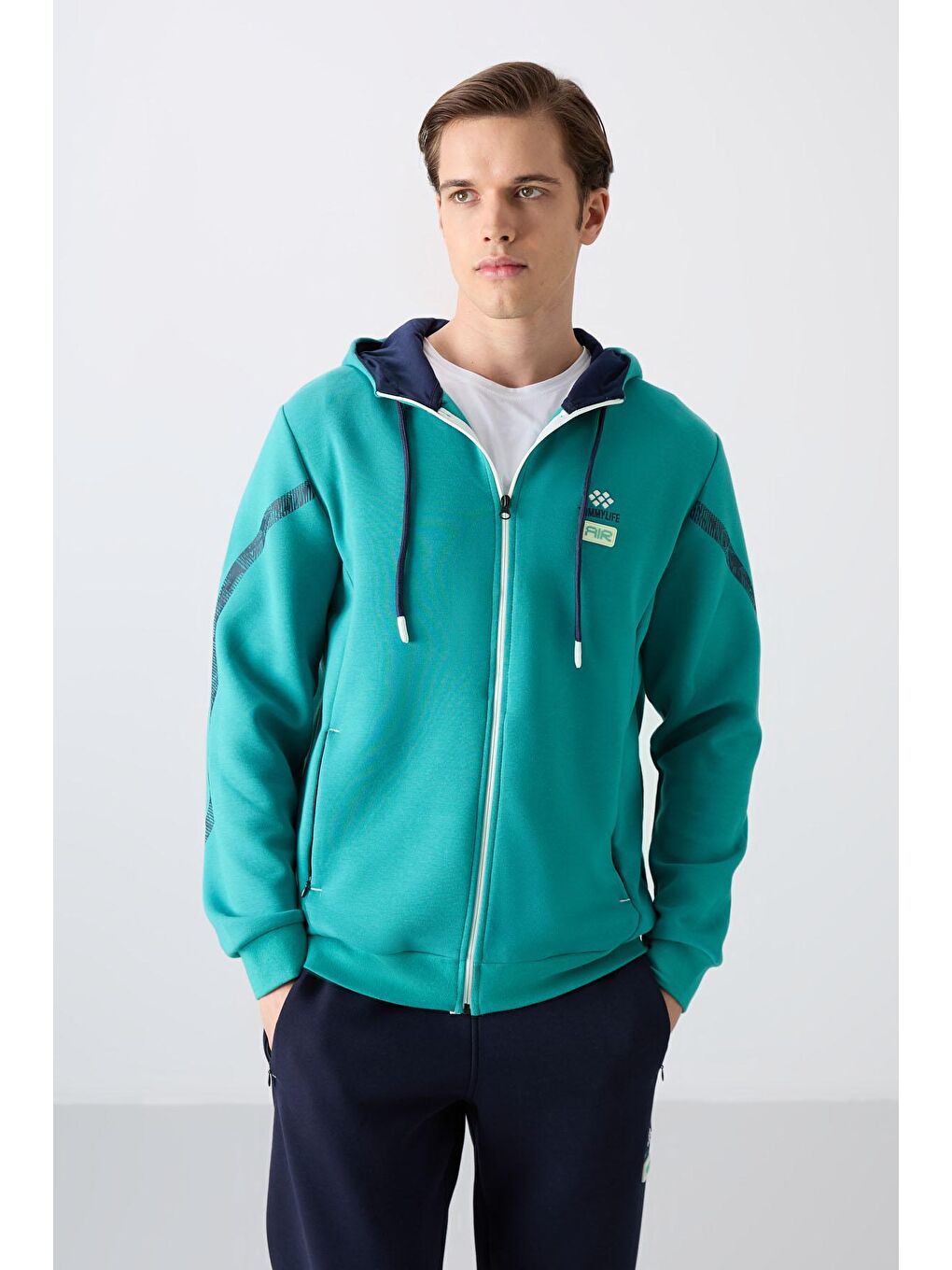 Lacivert Deniz Yeşili - İndigo Pamuklu Kalın Yumuşak Dokulu Comfort Fit Baskılı Erkek Eşofman Takım - 85236-2