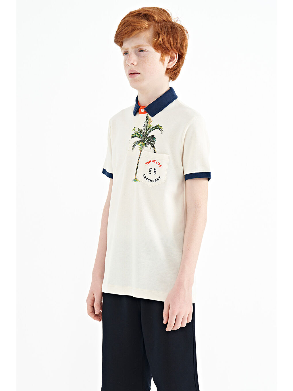 Ekru Baskılı Cep Detaylı Standart Kalıp Polo Yaka Erkek Çocuk Tişört - 11144-3
