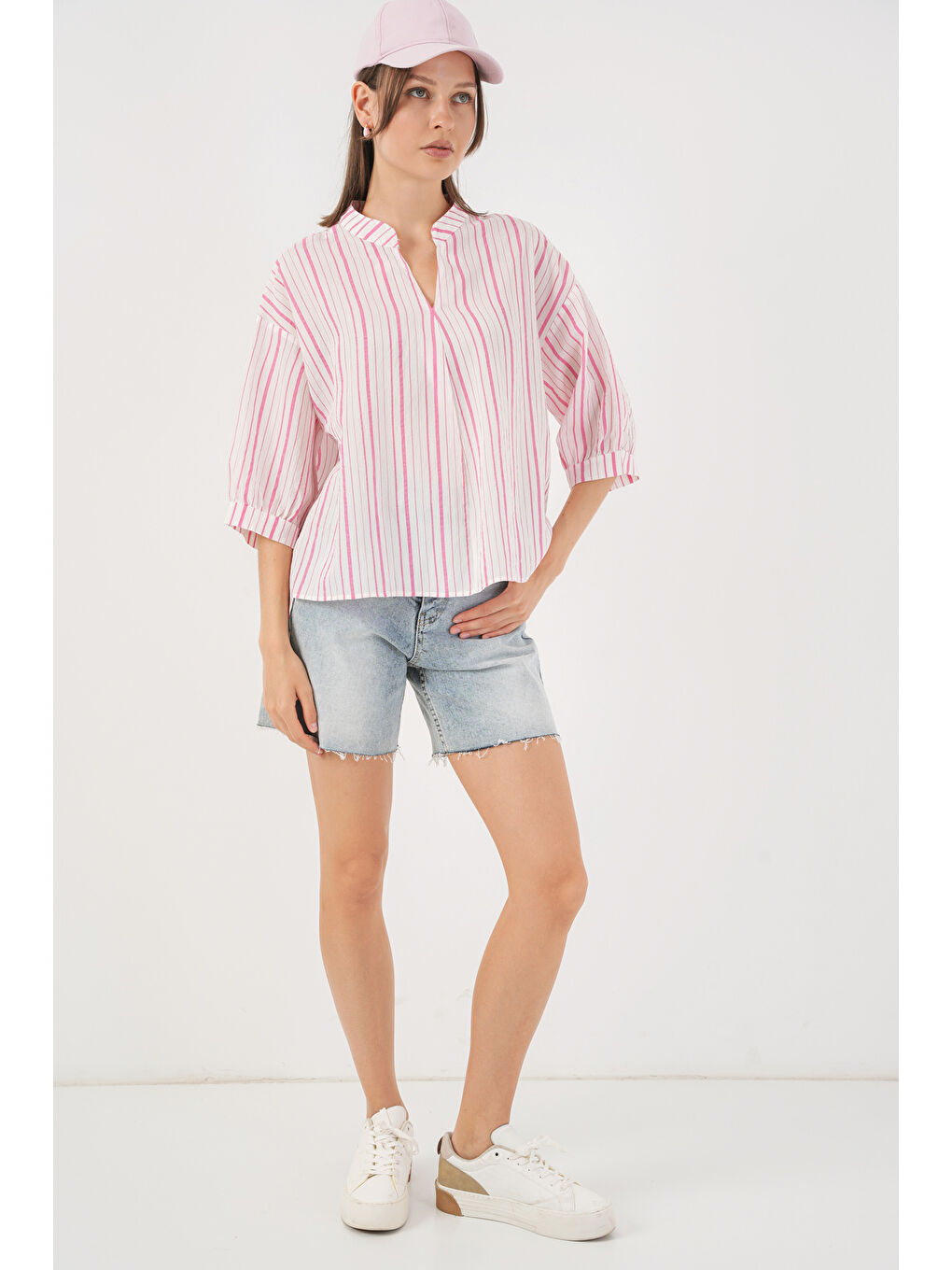 Pembe Kadın Çizgili Oversize Bluz 967 - Pudra-1
