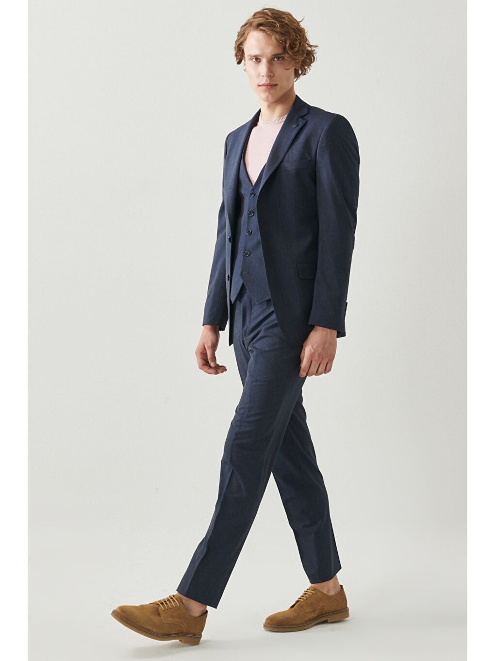 Erkek Lacivert Slim Fit Dar Kesim Mono Yaka Düz Yelekli Klasik Takım Elbise