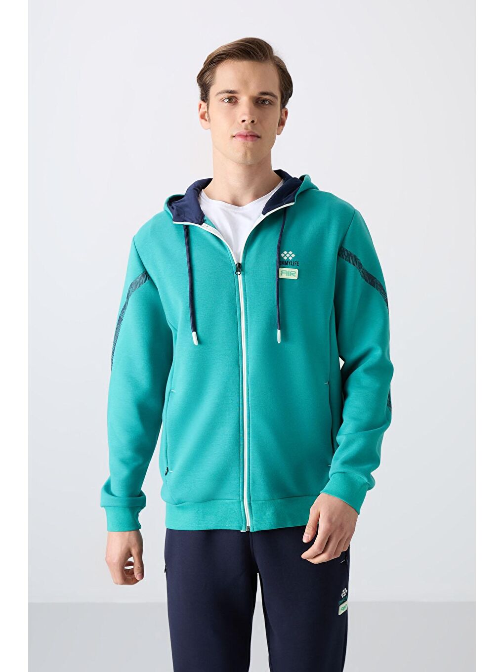 Lacivert Deniz Yeşili - İndigo Pamuklu Kalın Yumuşak Dokulu Comfort Fit Baskılı Erkek Eşofman Takım - 85236-3