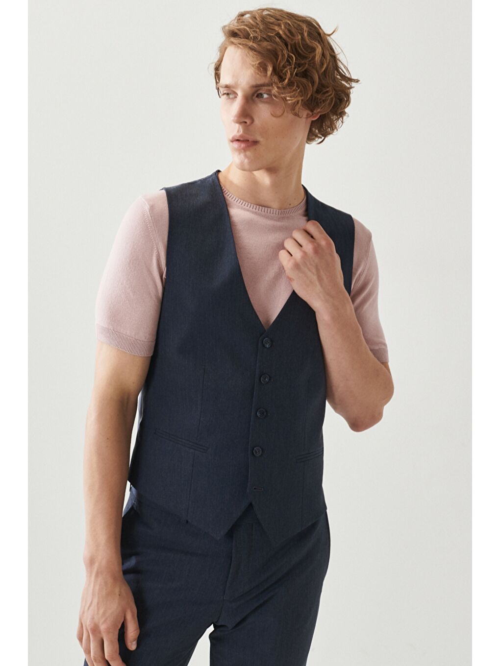 Erkek Lacivert Slim Fit Dar Kesim Mono Yaka Düz Yelekli Klasik Takım Elbise-1