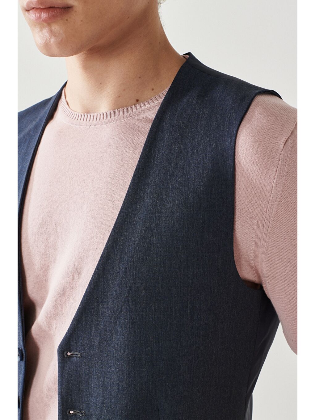 Erkek Lacivert Slim Fit Dar Kesim Mono Yaka Düz Yelekli Klasik Takım Elbise-2