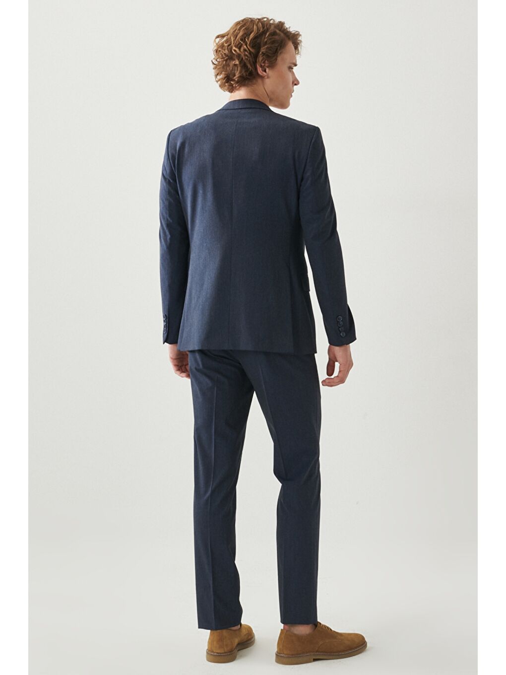 Erkek Lacivert Slim Fit Dar Kesim Mono Yaka Düz Yelekli Klasik Takım Elbise-3