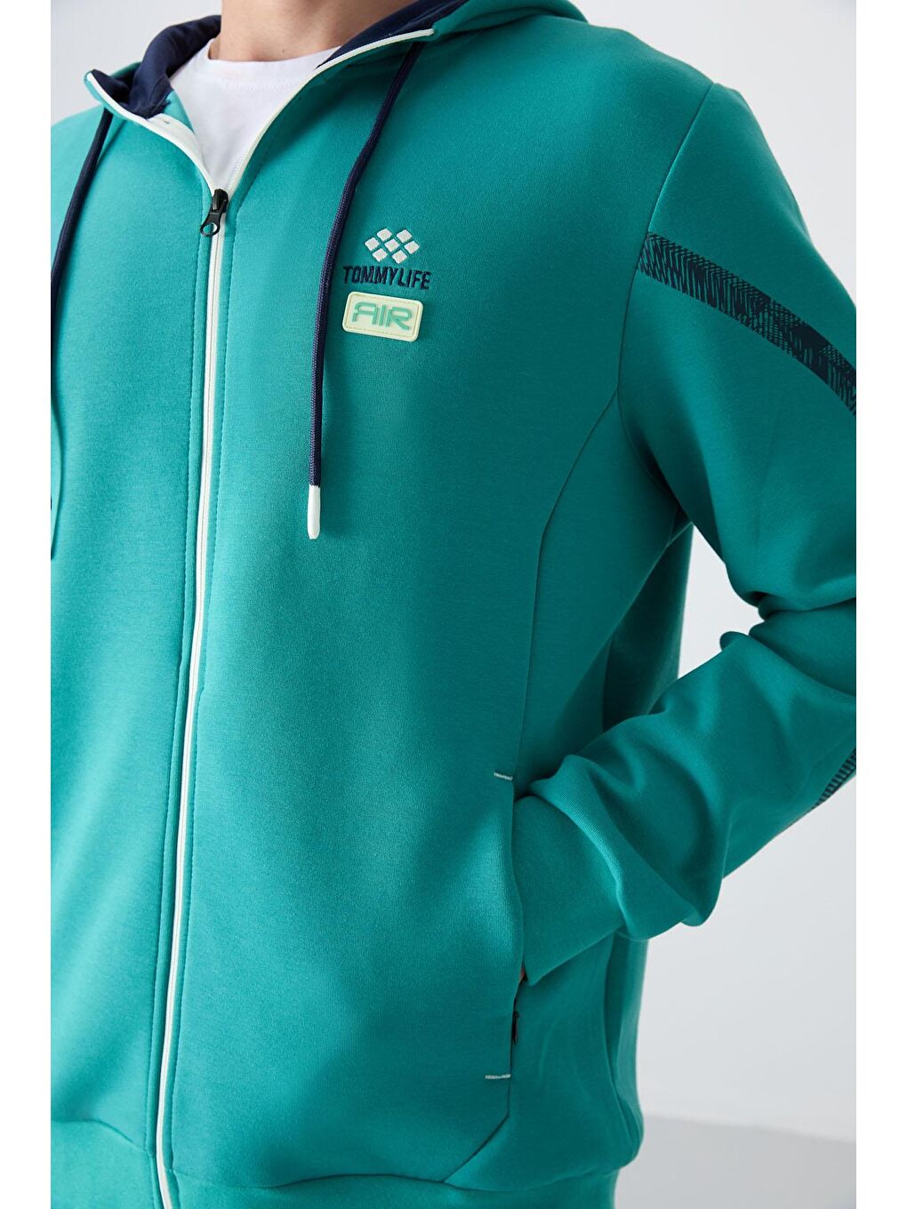 Lacivert Deniz Yeşili - İndigo Pamuklu Kalın Yumuşak Dokulu Comfort Fit Baskılı Erkek Eşofman Takım - 85236-4