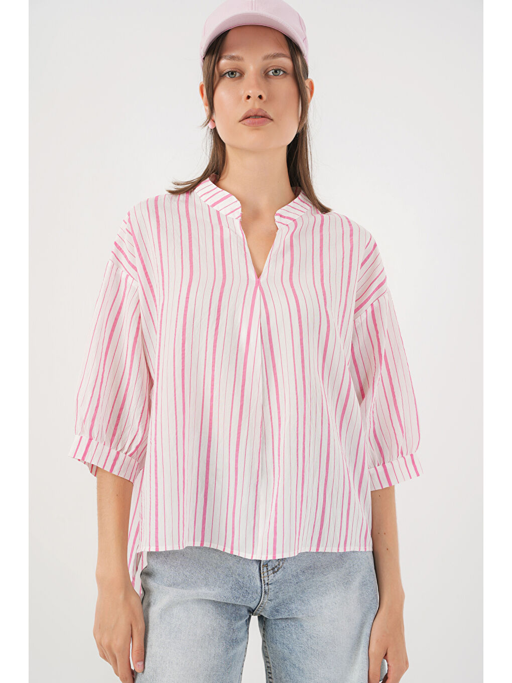 Pembe Kadın Çizgili Oversize Bluz 967 - Pudra-2