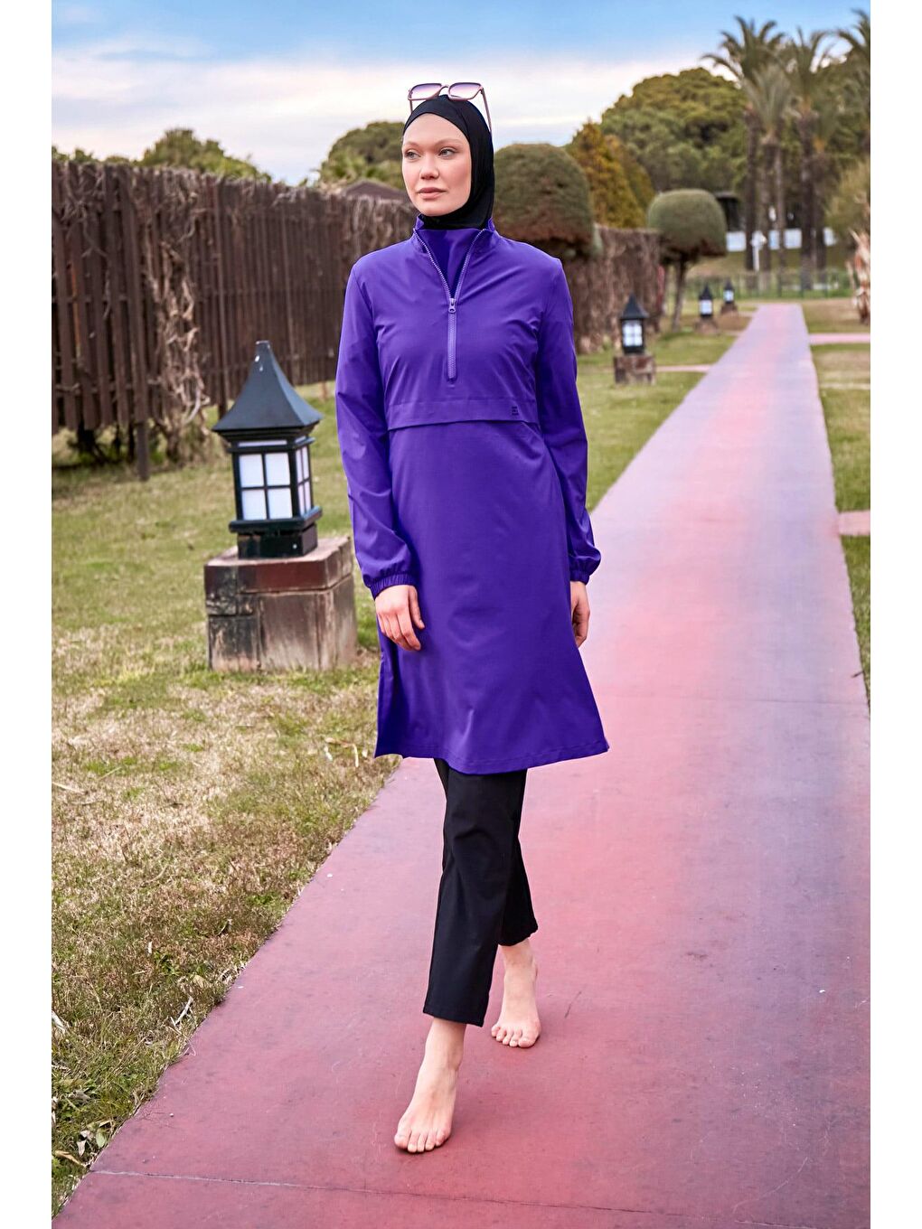 Paraşüt Kumaş Mor Tam Kapalı Tesettür Mayo M2409-1