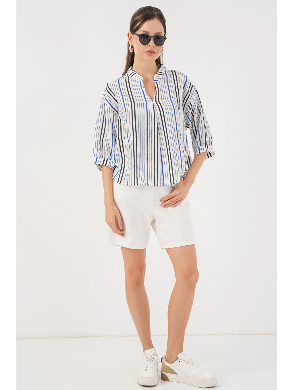 Kadın Çizgili Oversize Bluz 967 - Lacivert-1