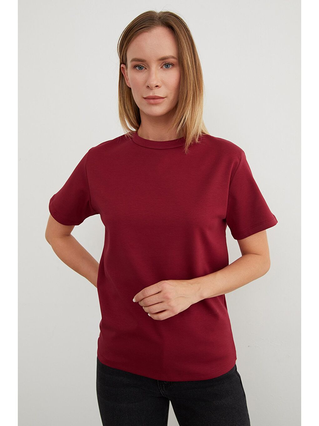 Bordo Basic Bisiklet Yaka Tişört-1